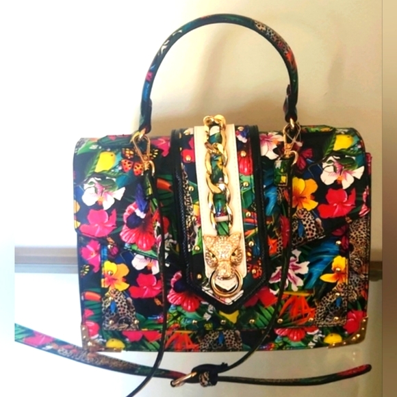 ALDO Cheetah Flower Print Leather Small Satchel OR Crossover Bag - Picture 2 of 10